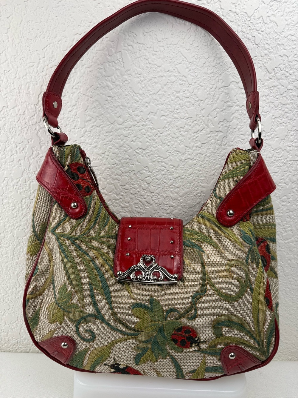 Marc Chantal | Y2K Ladybug Floral Tapestry Croc Embossed Hobo Shoulder Bag